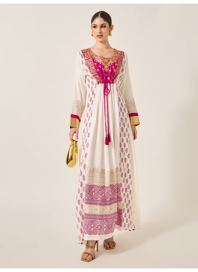 Maxim Creation Maxim Creation Pink Embroidered Detail Cream Maxi Jalabiya  - Image 1