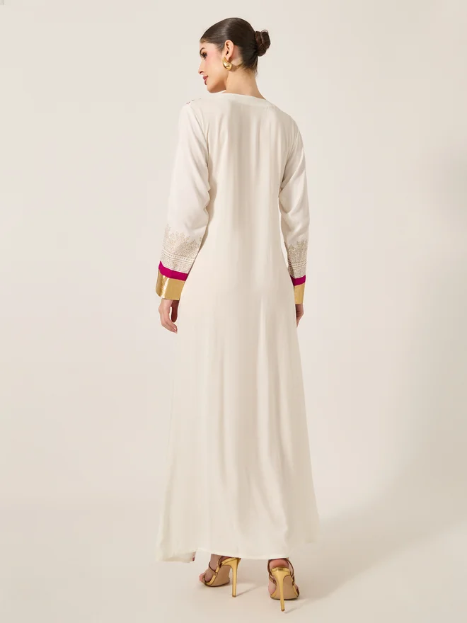 Maxim Creation Maxim Creation Pink Embroidered Detail Cream Maxi Jalabiya