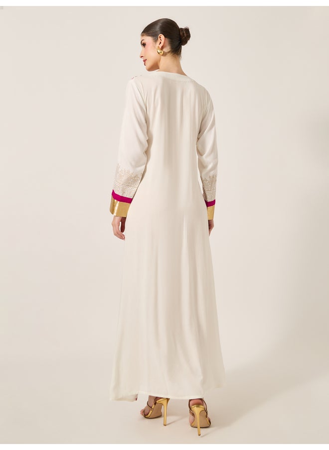 Maxim Creation Maxim Creation Pink Embroidered Detail Cream Maxi Jalabiya  - Image 5