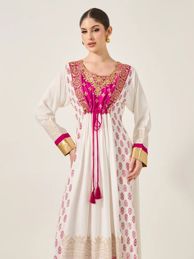 Maxim Creation Maxim Creation Pink Embroidered Detail Cream Maxi Jalabiya