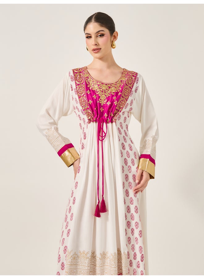 Maxim Creation Maxim Creation Pink Embroidered Detail Cream Maxi Jalabiya  - Image 3
