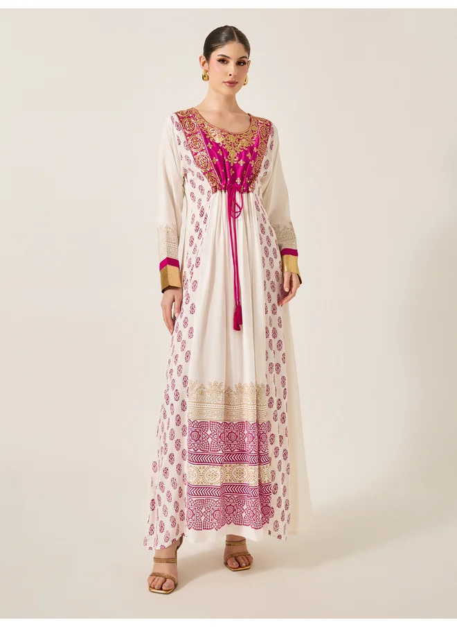 Maxim Creation Maxim Creation Pink Embroidered Detail Cream Maxi Jalabiya