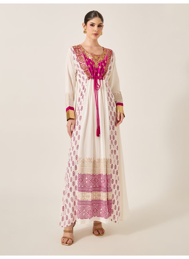 Maxim Creation Maxim Creation Pink Embroidered Detail Cream Maxi Jalabiya  - Image 2