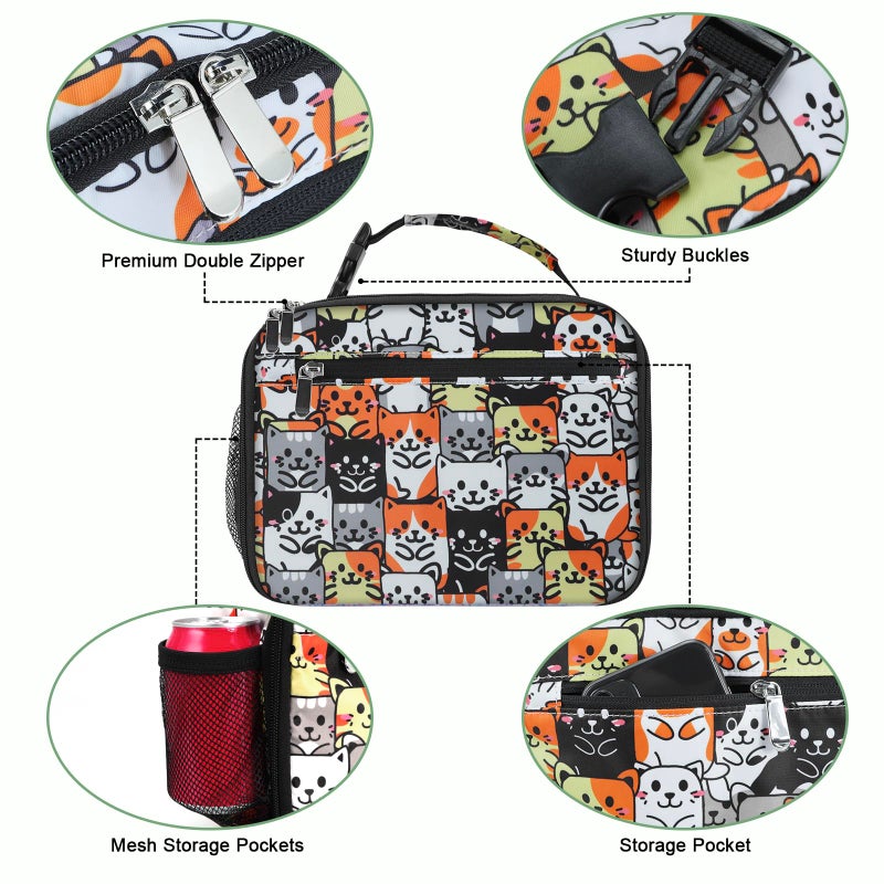 Femuar Kids Lunch Box for Boys Girls Lunch Bag Insulated Durable Lunchbox Children Lunch Tote Bag for School Cat - Image 4