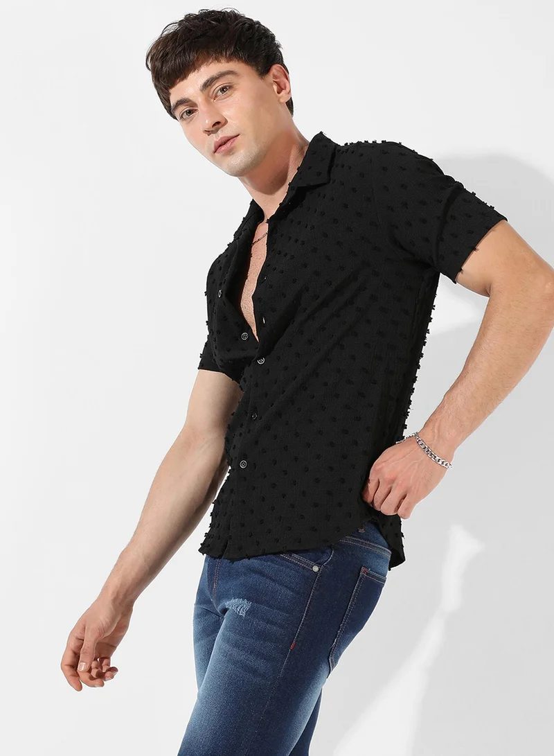Campus Sutra Men's Black Textured Regular Fit Casual Shirt