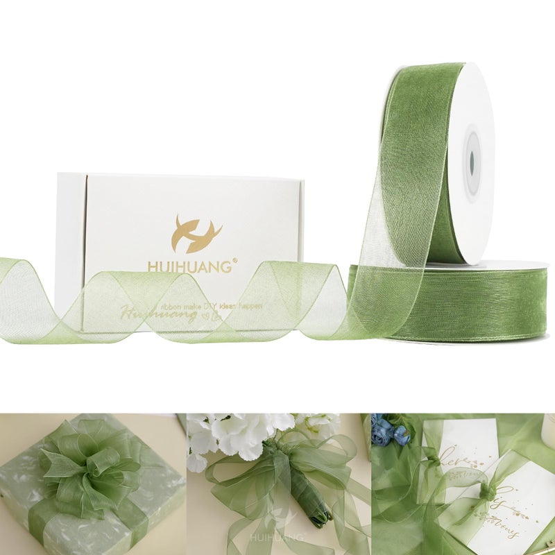 HUIHUANG Moss Green Organza Ribbon 1 inch x 100 Yards Green Sheer Ribbon for Flower Bouquets Gift Wrapping Cake Decor Wedding Bridal Shower Decor DIY Crafts