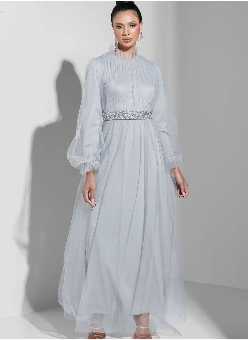 Namshi X Trendyol Embellished Belt Shimmer Dress
