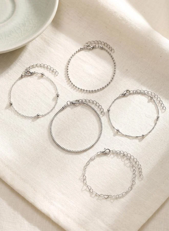 Take Two Pack of 5 - Silver Tone Heart and Bead Chain Bracelets