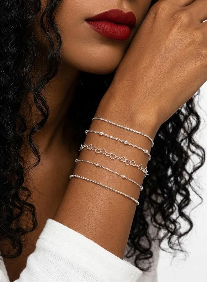 Take Two Pack of 5 - Silver Tone Heart and Bead Chain Bracelets