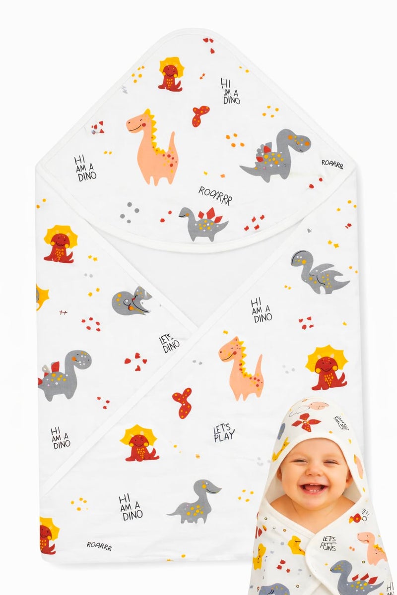 MomNess Baby Hooded Wrapper for Newborn, 100% Muslin Cotton Hooded Towel & Blanket, 75×75 cm, 4 Ply, Ultra Soft & Absorbent Bath Towel for Infants & Toddler, Natural Dyes, Pack of 1 (Dino) - Image 1