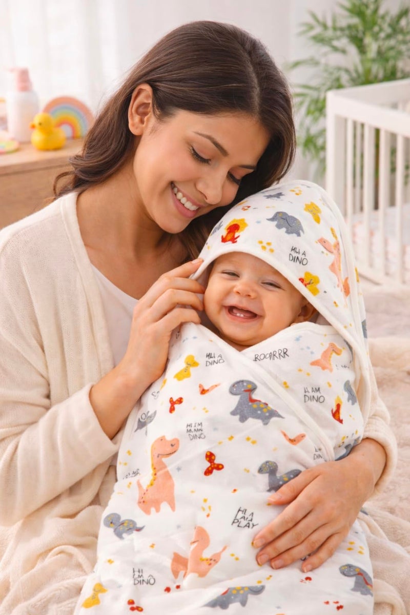 MomNess Baby Hooded Wrapper for Newborn, 100% Muslin Cotton Hooded Towel & Blanket, 75×75 cm, 4 Ply, Ultra Soft & Absorbent Bath Towel for Infants & Toddler, Natural Dyes, Pack of 1 (Dino) - Image 3