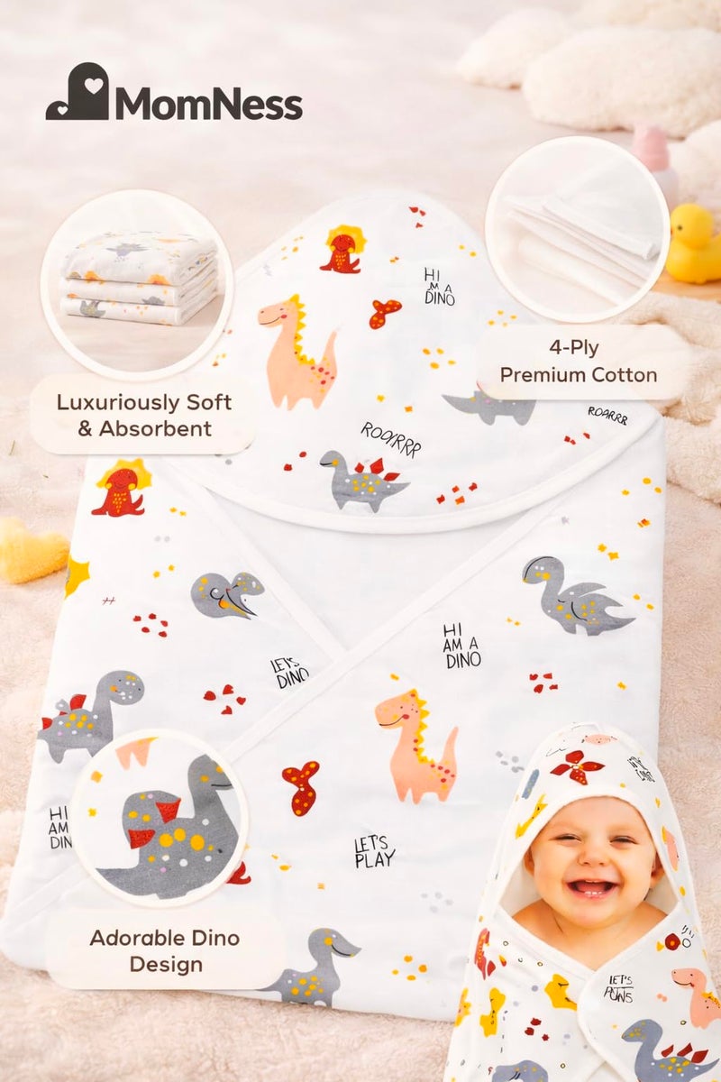 MomNess Baby Hooded Wrapper for Newborn, 100% Muslin Cotton Hooded Towel & Blanket, 75×75 cm, 4 Ply, Ultra Soft & Absorbent Bath Towel for Infants & Toddler, Natural Dyes, Pack of 1 (Dino) - Image 4