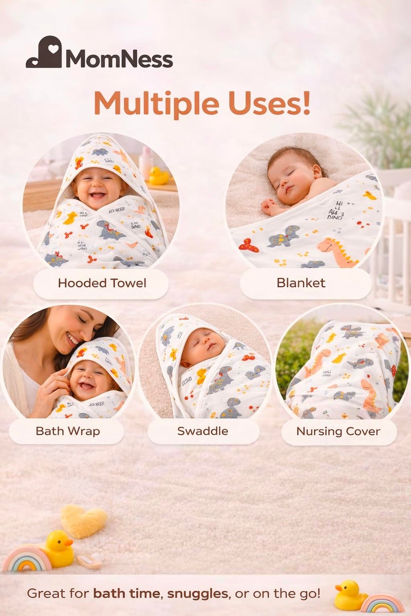 MomNess Baby Hooded Wrapper for Newborn, 100% Muslin Cotton Hooded Towel & Blanket, 75×75 cm, 4 Ply, Ultra Soft & Absorbent Bath Towel for Infants & Toddler, Natural Dyes, Pack of 1 (Dino) - Image 5