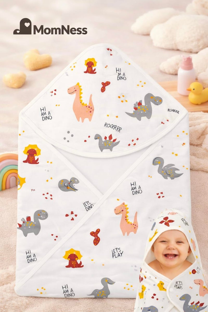 MomNess Baby Hooded Wrapper for Newborn, 100% Muslin Cotton Hooded Towel & Blanket, 75×75 cm, 4 Ply, Ultra Soft & Absorbent Bath Towel for Infants & Toddler, Natural Dyes, Pack of 1 (Dino) - Image 2