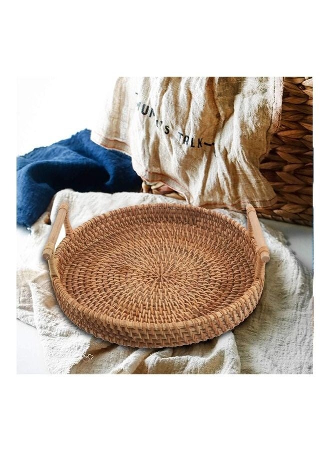 Round Woven Serving Tray with Handles Brown 22cm - Image 3