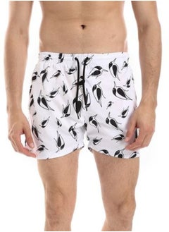Elastic Waist Self Patterned Swim Short With Sided & Back Pockets - White & Black