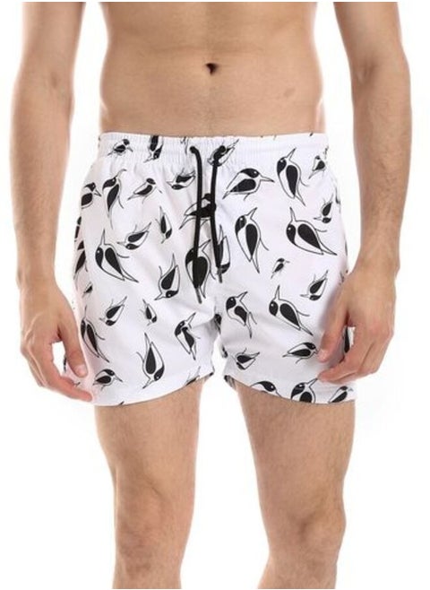 Elastic Waist Self Patterned Swim Short With Sided & Back Pockets - White & Black