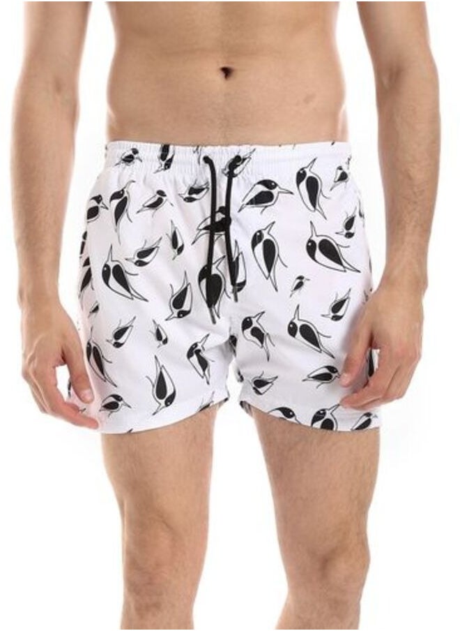 بافون Elastic Waist Self Patterned Swim Short With Sided & Back Pockets - White & Black  - Image 1