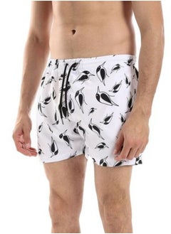 بافون Elastic Waist Self Patterned Swim Short With Sided & Back Pockets - White & Black  - Image 2