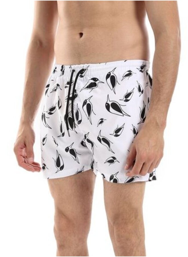 بافون Elastic Waist Self Patterned Swim Short With Sided & Back Pockets - White & Black  - Image 2