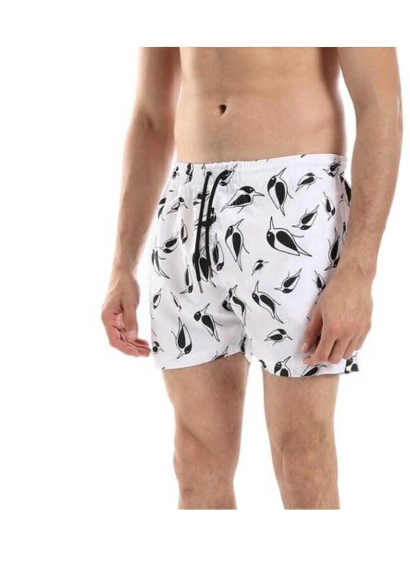 بافون Elastic Waist Self Patterned Swim Short With Sided & Back Pockets - White & Black  - Image 4