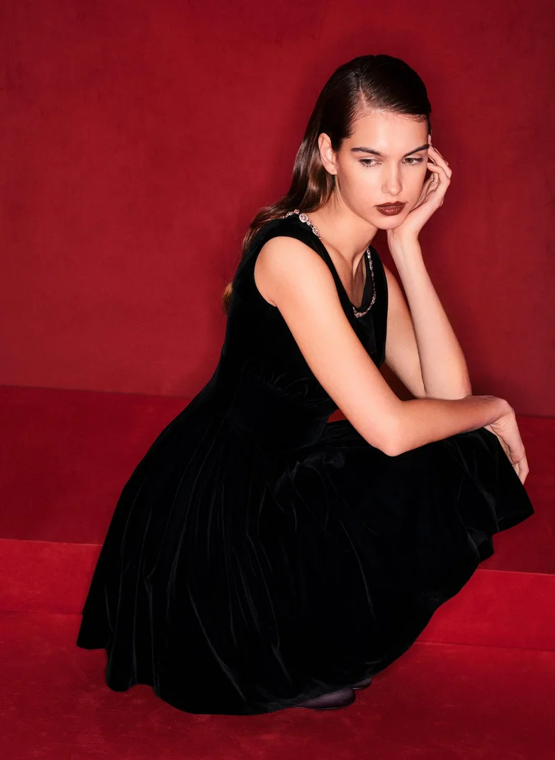 Lichi  Velvet mini dress with collar embellishment for Women | Best Price UAE