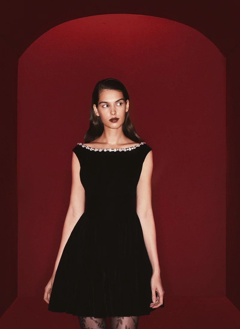 Lichi  Velvet mini dress with collar embellishment for Women | Best Price UAE