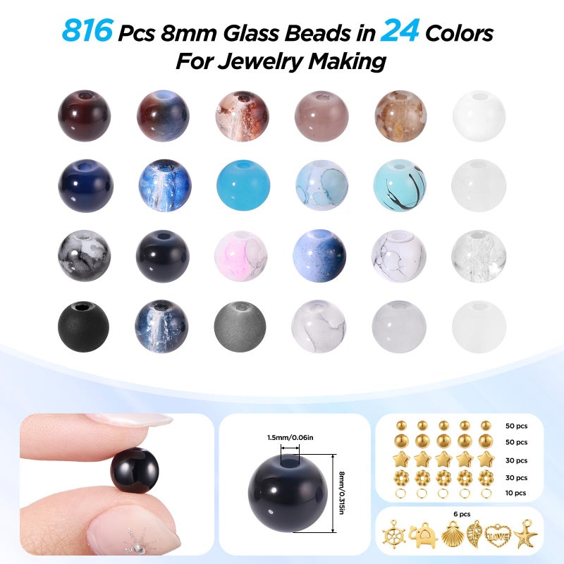 Funtopia 8mm Glass Beads, Neutral Colors Round Marble Loose Beads for Men Women, Jewelry Making Supplies with Spacer Bead and Charms, DIY Bracelets Earrings Necklaces Crafts (24 Colors) - Image 4