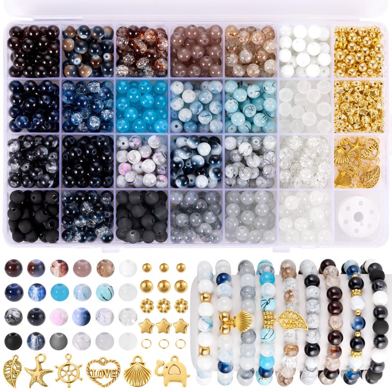 Funtopia 8mm Glass Beads, Neutral Colors Round Marble Loose Beads for Men Women, Jewelry Making Supplies with Spacer Bead and Charms, DIY Bracelets Earrings Necklaces Crafts (24 Colors) - Image 1