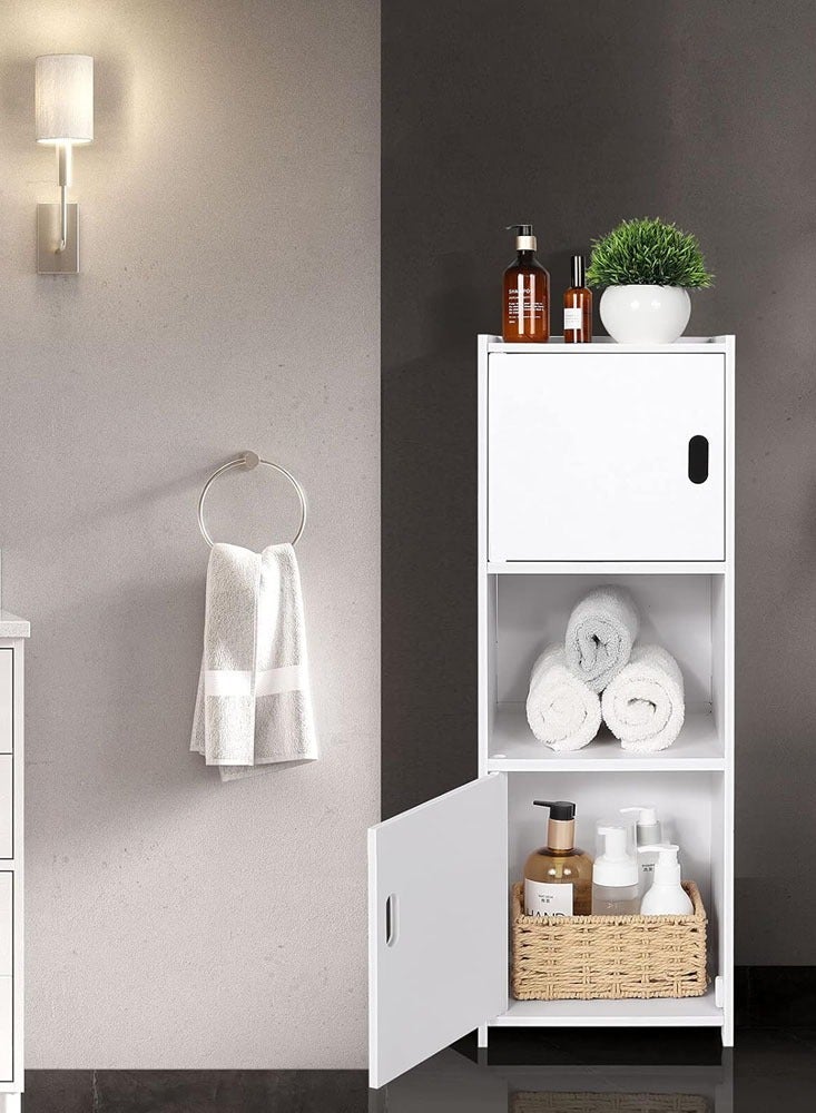 FFD White Waterproof Bathroom Cabinet with Open Shelves and Cupboard Doors – Sturdy Storage Unit for Bathroom, Bedroom, Kitchen, and Hallway, Easy Assembly - Image 1