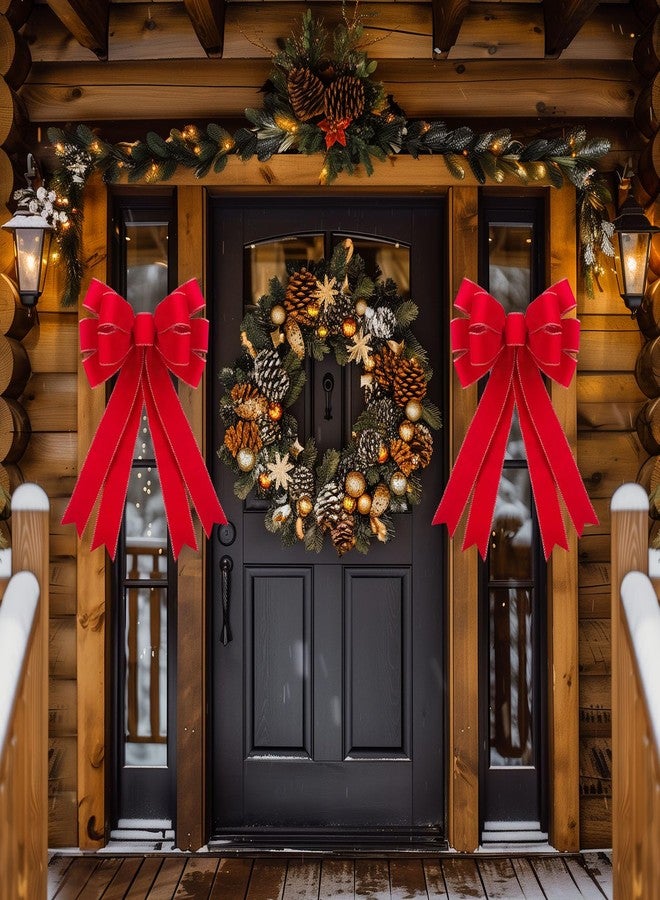 برايتاون قطعتان من زينة عيد الميلاد الخارجية باللون الأحمر - فيونكة كبيرة لتزيين قمة شجرة عيد الميلاد مقاس 16 × 24 بوصة، فيونكة إكليل مخملية بحافة ذهبية لامعة لتزيين باب المنزل الأمامي في عيد الميلاد - Image 5