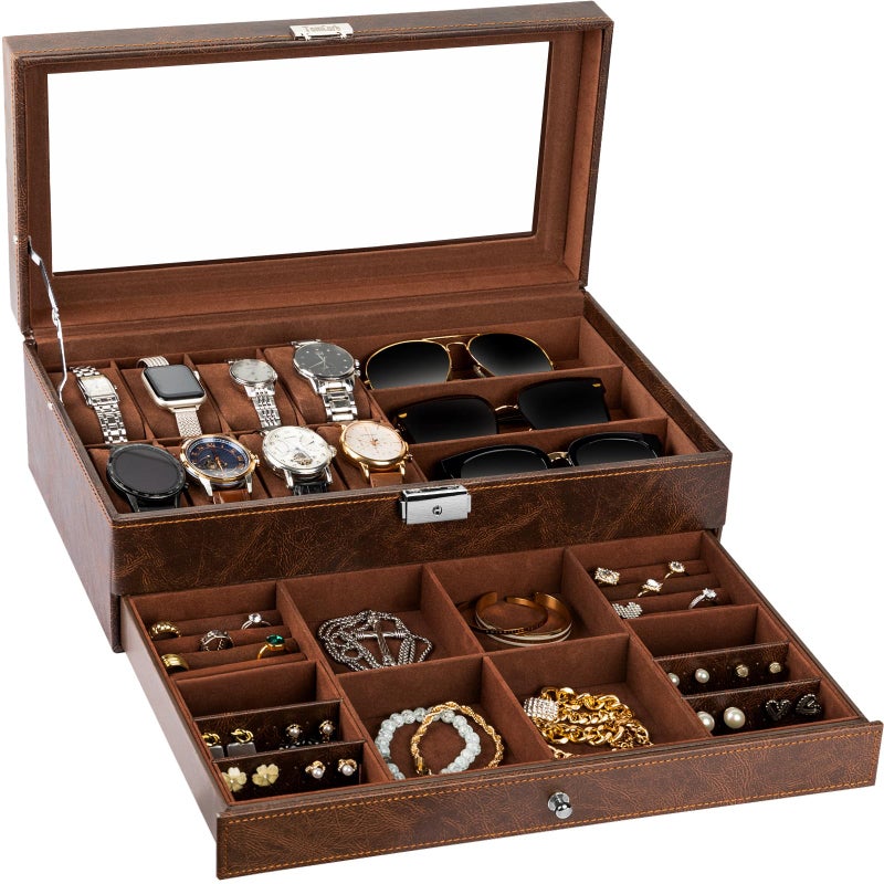 TomCare Watch Box 2Tier Watch Case Jewelry Organizer Box with Thick Glass Lid Lockable Watch Organizer Jewelry Display Holder Sunglass Rings Necklaces Bracelets Storage Organizer for Men WomenBrown