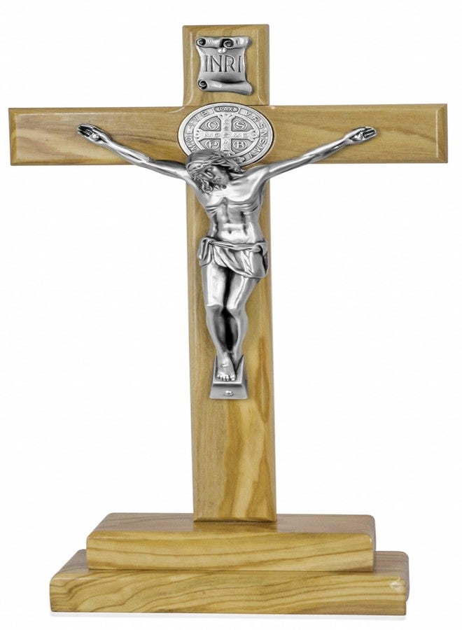 Venerare Standing Crucifix Cross 12" Olive Wood Standing Cross with Holder and St. Benedict Booklet Included - Image 1