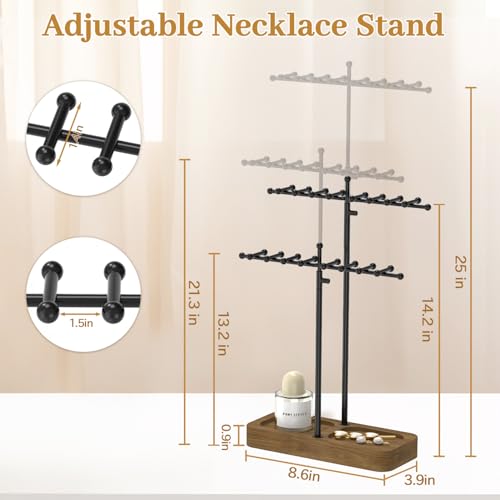 MODOWEY Necklace Holder Organizer Stand with 36 Hooks, Tall Display Tree Rack for Women Men Jewelry Storage, Adjustable 2 Tier Metal Hanger Wood Tray for Vendor, Large Capacity for Dresser Small Space - Image 3