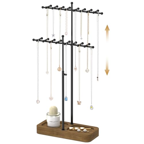 MODOWEY Necklace Holder Organizer Stand with 36 Hooks, Tall Display Tree Rack for Women Men Jewelry Storage, Adjustable 2 Tier Metal Hanger Wood Tray for Vendor, Large Capacity for Dresser Small Space - Image 1