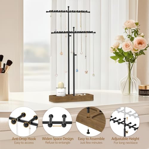 MODOWEY Necklace Holder Organizer Stand with 36 Hooks, Tall Display Tree Rack for Women Men Jewelry Storage, Adjustable 2 Tier Metal Hanger Wood Tray for Vendor, Large Capacity for Dresser Small Space - Image 5