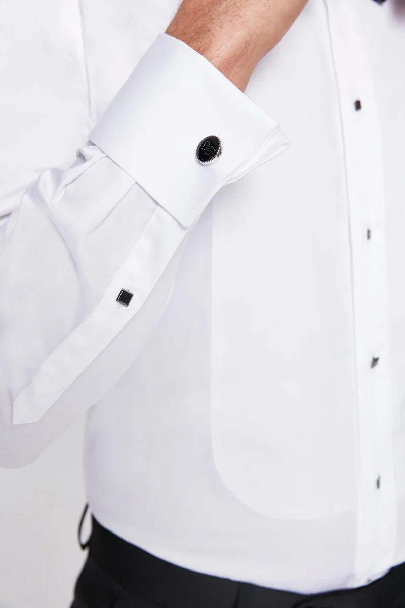 دي أس دامات D'S Groom Slim Fit White Plain Cotton Satin Double Cuffed Ata Collar Tuxedo Shirt 2HSS2DY05043M