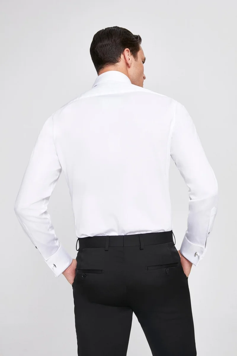 دي أس دامات D'S Groom Slim Fit White Plain Cotton Satin Double Cuffed Ata Collar Tuxedo Shirt 2HSS2DY05043M