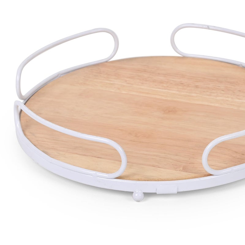 Go Hooked Wooden Tray with White Sturdy Metal Base - Ideal for Serving, Storing & Home Decoration, Round Rustic Tray with Handles for Kitchen, Dining & Living Room, Ideal for Gifting. - Image 5