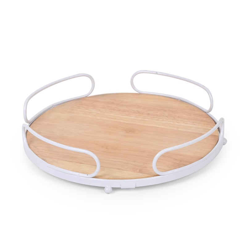 Go Hooked Wooden Tray with White Sturdy Metal Base - Ideal for Serving, Storing & Home Decoration, Round Rustic Tray with Handles for Kitchen, Dining & Living Room, Ideal for Gifting. - Image 3