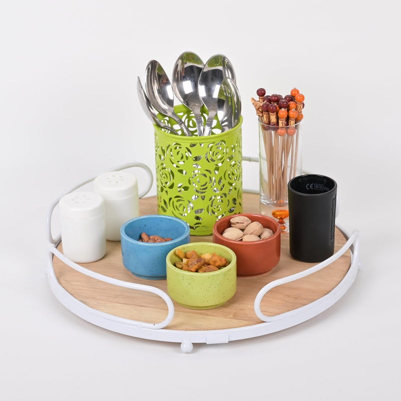 Go Hooked Wooden Tray with White Sturdy Metal Base - Ideal for Serving, Storing & Home Decoration, Round Rustic Tray with Handles for Kitchen, Dining & Living Room, Ideal for Gifting. - Image 1