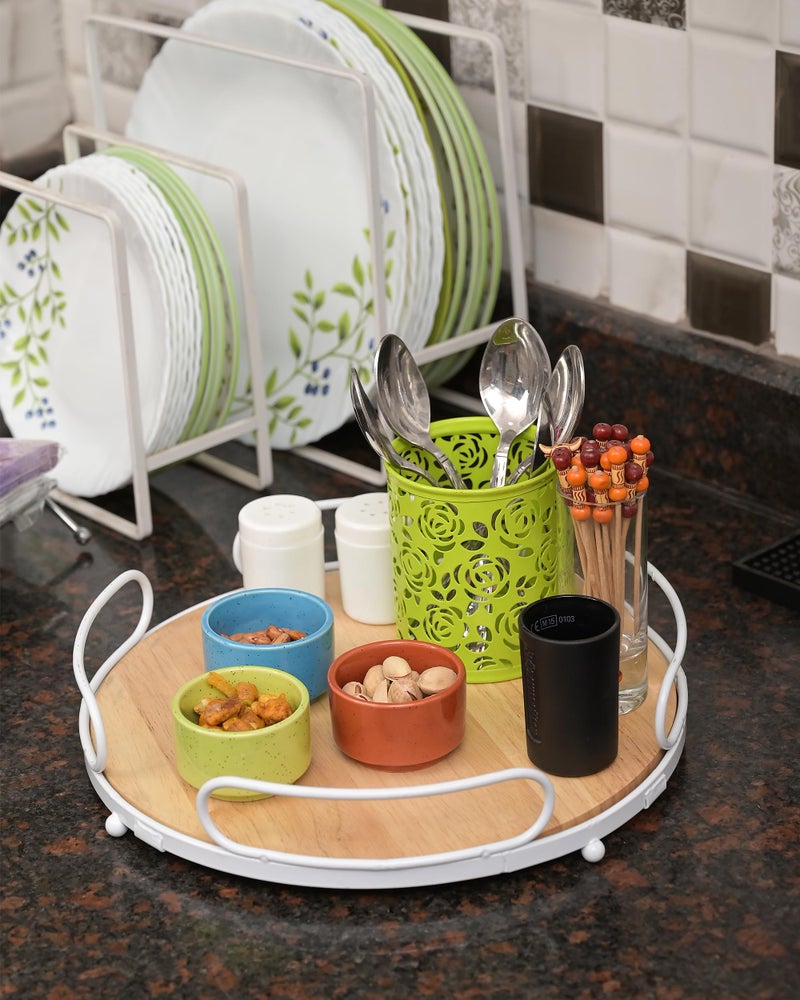 Go Hooked Wooden Tray with White Sturdy Metal Base - Ideal for Serving, Storing & Home Decoration, Round Rustic Tray with Handles for Kitchen, Dining & Living Room, Ideal for Gifting. - Image 2