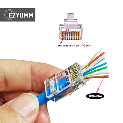 EZYUMM 100-Pack RJ45 Pass Through Connector, RJ45 Connectors, Premium Cat 6 Connectors 8P8C Gold Plated, Pass Through RJ45 Cat6 Cat 5 Connector Ends for Solid or Stranded UTP Ethernet Cable - Image 3