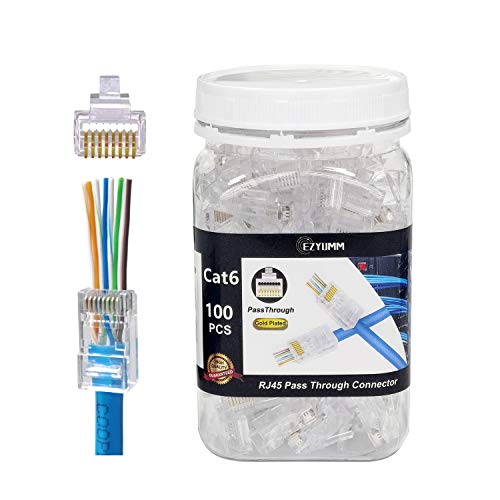 EZYUMM 100-Pack RJ45 Pass Through Connector, RJ45 Connectors, Premium Cat 6 Connectors 8P8C Gold Plated, Pass Through RJ45 Cat6 Cat 5 Connector Ends for Solid or Stranded UTP Ethernet Cable - Image 1