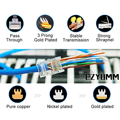 EZYUMM 100-Pack RJ45 Pass Through Connector, RJ45 Connectors, Premium Cat 6 Connectors 8P8C Gold Plated, Pass Through RJ45 Cat6 Cat 5 Connector Ends for Solid or Stranded UTP Ethernet Cable - Image 2