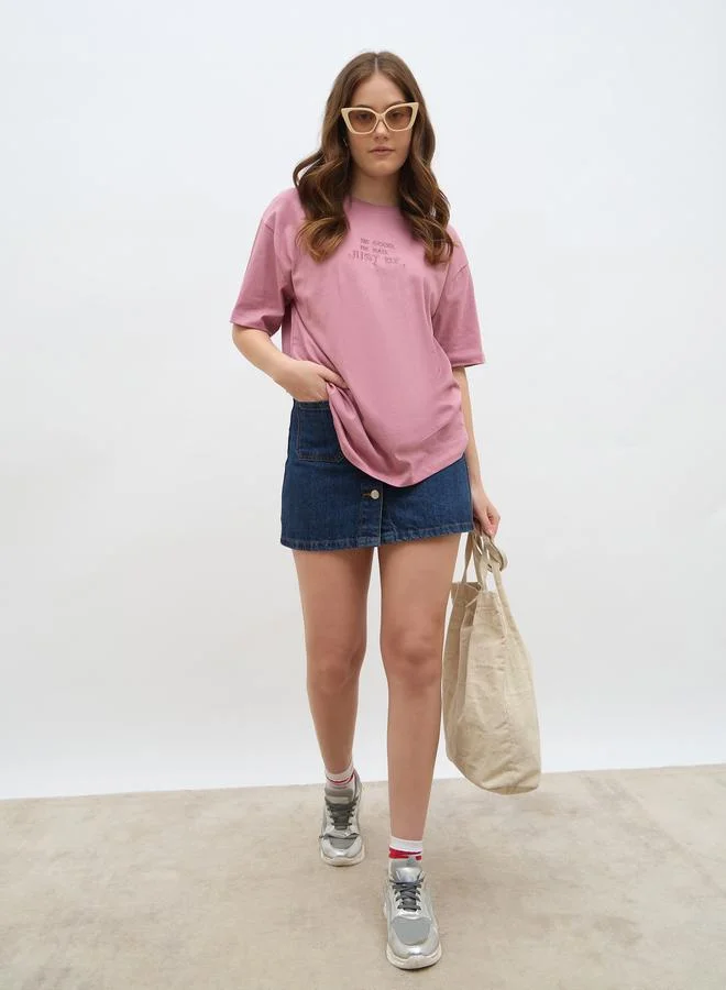 ستايلي Styli Embroidered Slogan Detail Oversized T-Shirt