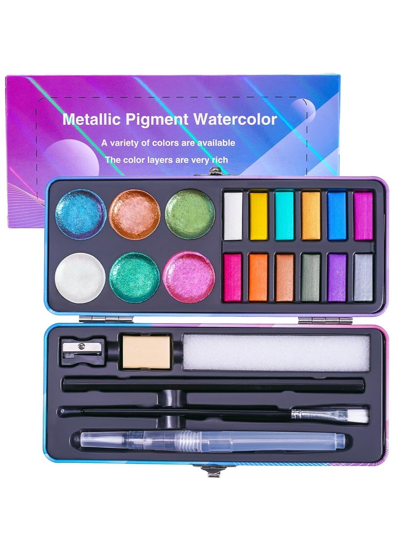 Watercolor Paint Set Portable Travel Watercolor Set with Water Brush Pen Pencil Eraser Watercolor for Adult Beginner 18 Colors Glitter Watercolor Paint 12 Metallic Colors 6 Chameleon Colors