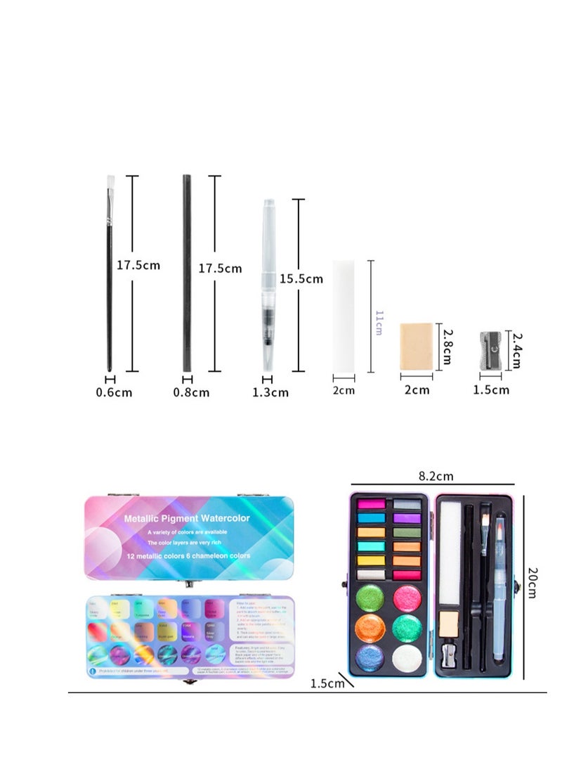 Watercolor Paint Set Portable Travel Watercolor Set with Water Brush Pen Pencil Eraser Watercolor for Adult Beginner 18 Colors Glitter Watercolor Paint 12 Metallic Colors 6 Chameleon Colors