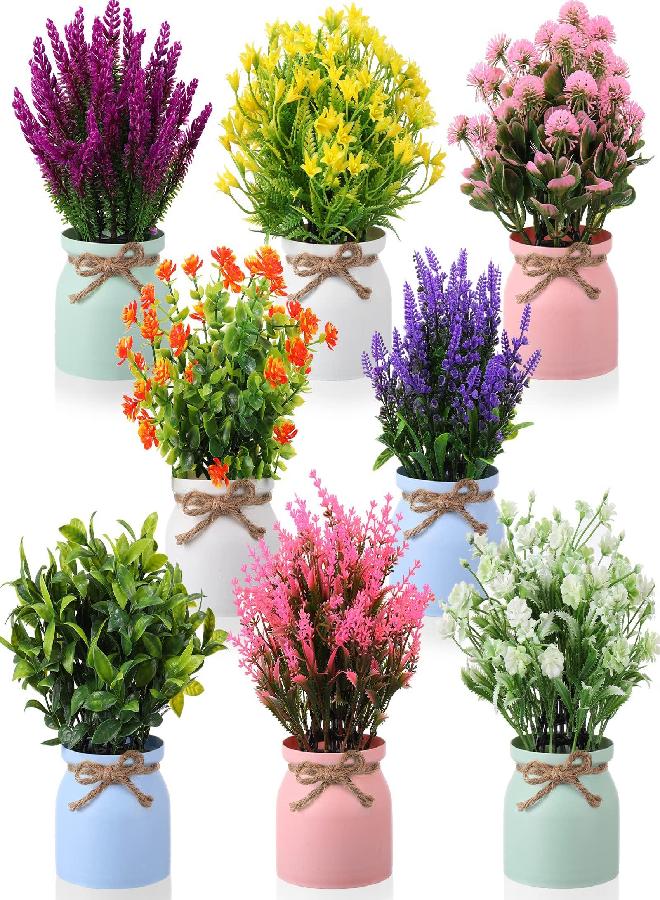 Cindeer Artificial Potted Flowers Fake Potted Plants Plastic Artificial Flowers for Home Decor Indoor Small Faux Plants in Pots for Wedding Home Desk Tabletop Outdoor Office Kitchen (Fresh Style, 8 Pcs) - Image 3