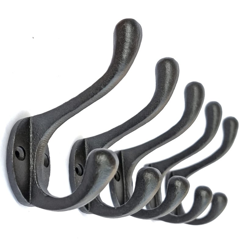 Ambipolar 5 Pack Decorative Cast Iron Heavy Duty Double Hooks  Wall Mounted Coat Hooks  Vintage Inspired (Antique Black) (Cornish Hook) - Image 1